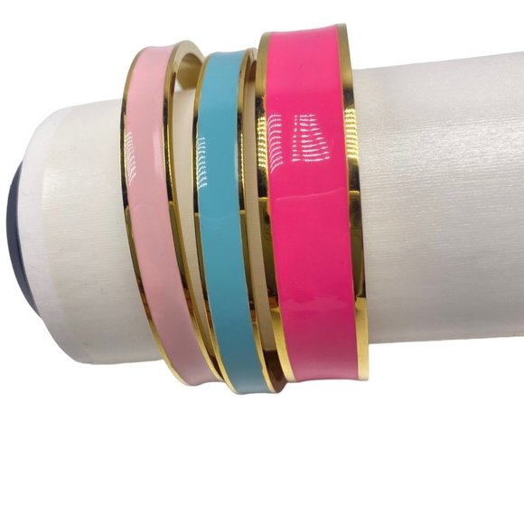 QVC Susan Graver 3 Enamel Bracelets Pink Hot Pink Light Blue Gold Tone Trim - Picture 1 of 7